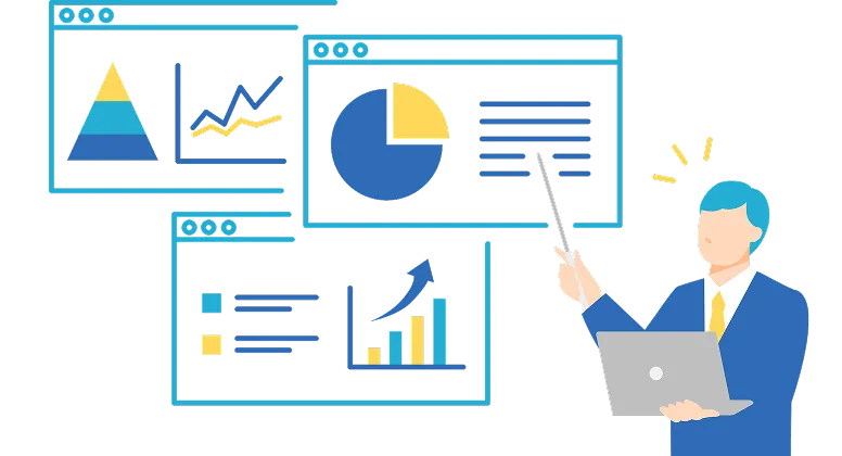 複数のデータ画面を示しながら課題やポイントを説明するビジネスパーソンのイメージ