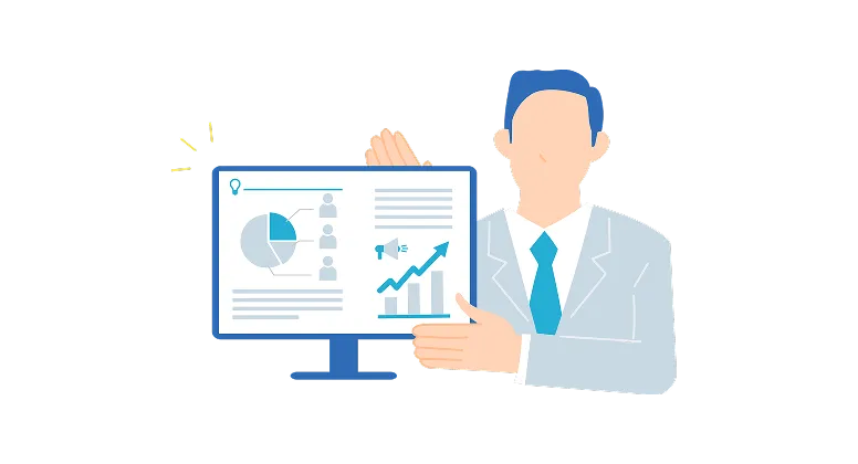 モニターに表示された分析データを分かりやすく示して説明するイメージ